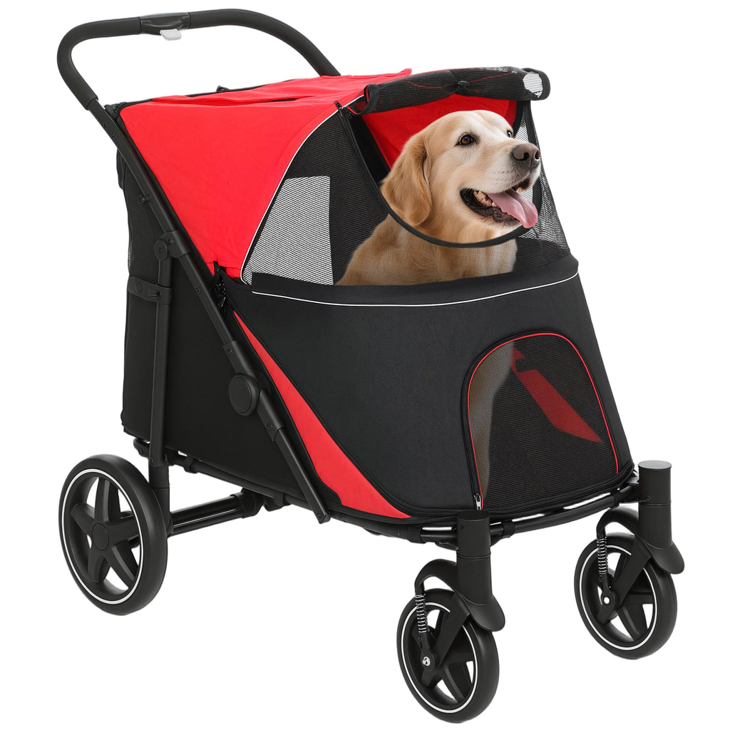 Dog Stroller for Large Medium Small Dogs up to 66 Lbs. 23.5" in Body Length, One-Click Foldable Pet Cat Stroller with Storage, Shock Absorption Wheels, Mesh Window, Safety Leash, Red