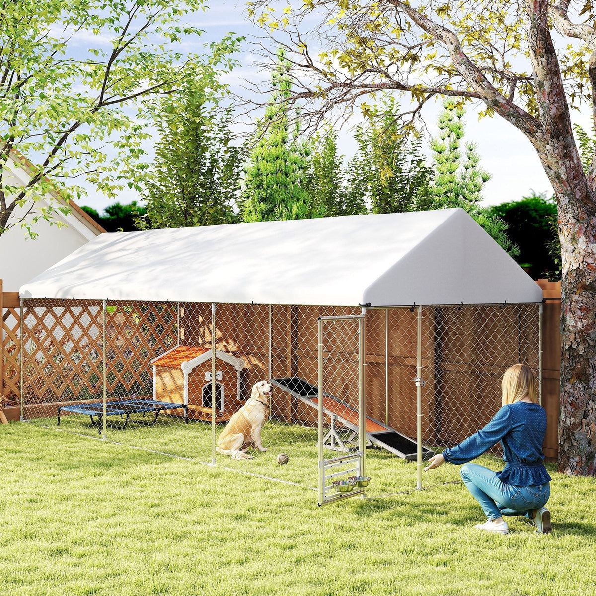 Outdoor Dog Kennel w/ Adjustable & Rotatable Bowl Rack, Waterproof UV-Resistant Cover, Secure Lock, 19.7 x 7.5 x 7.5