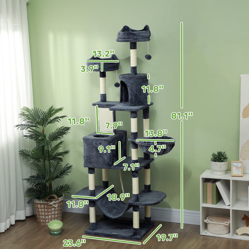 81" Cat Tree w/ Cat Scratching Posts, Scratching Board, Condos, Beds, Hammocks, Toy Balls, Rope Cat Toy, Gray