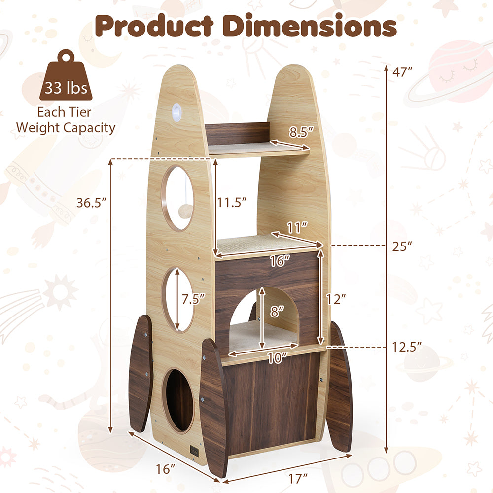 Rocket Cat Tree 47 Inch Large Wooden Cat Tower For Indoor Cats Sisal Scratching Pad Detachable Scratching Mat