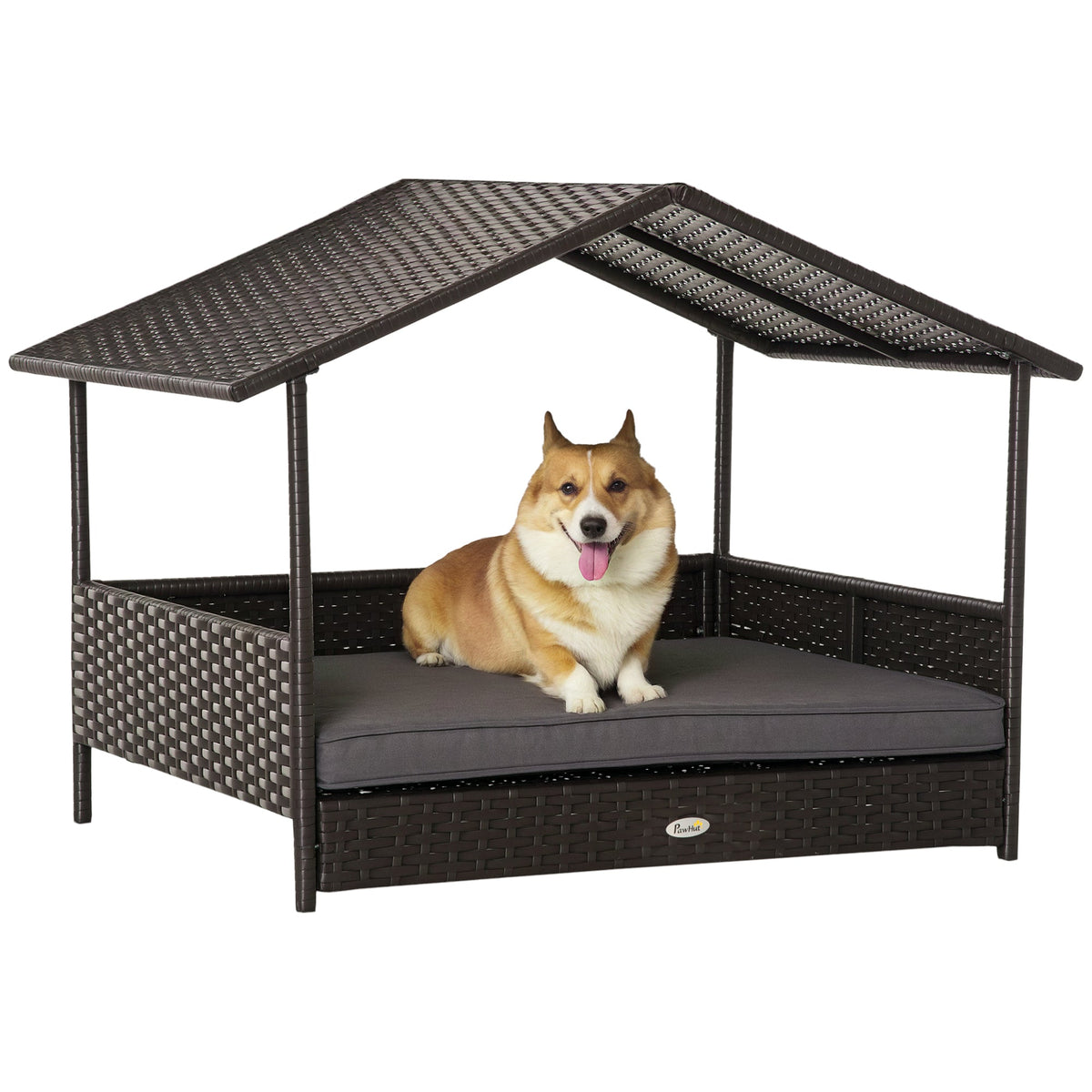 Wicker Dog House Outdoor with Canopy, Rattan Dog Bed with Water-resistant Cushion, Raised Pet Bed for Small, Medium Breeds up to 66 lbs, 20" in Length, Brown Wicker, Gray Cushion