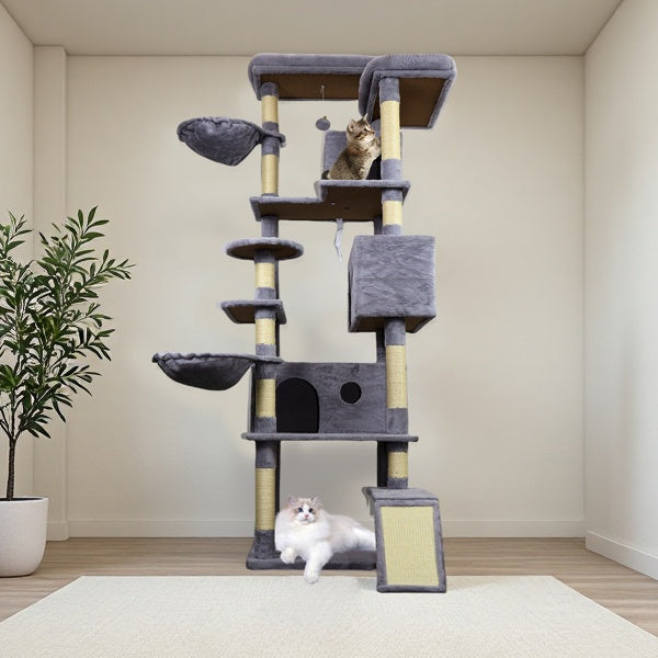 4.6 In Dark Gray Cat Tree Tower With Wide Base, 3 Large Hinding Condo, 11 Sisal Scratching Post, Sisal Scratching Ladder, 2 Hammocks, Large Top Platform, Many Landing Perch And Interactive Toy