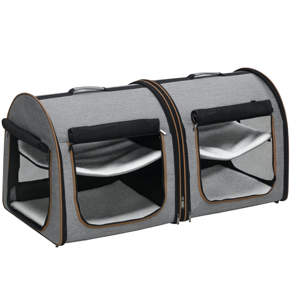 39" Portable Soft-Sided Cat Carrier, Cat Kennel, Travel Dog Crate with Divider, Two Compartments, Soft Cushions & Storage Bag, Easy to Fold, Light Gray