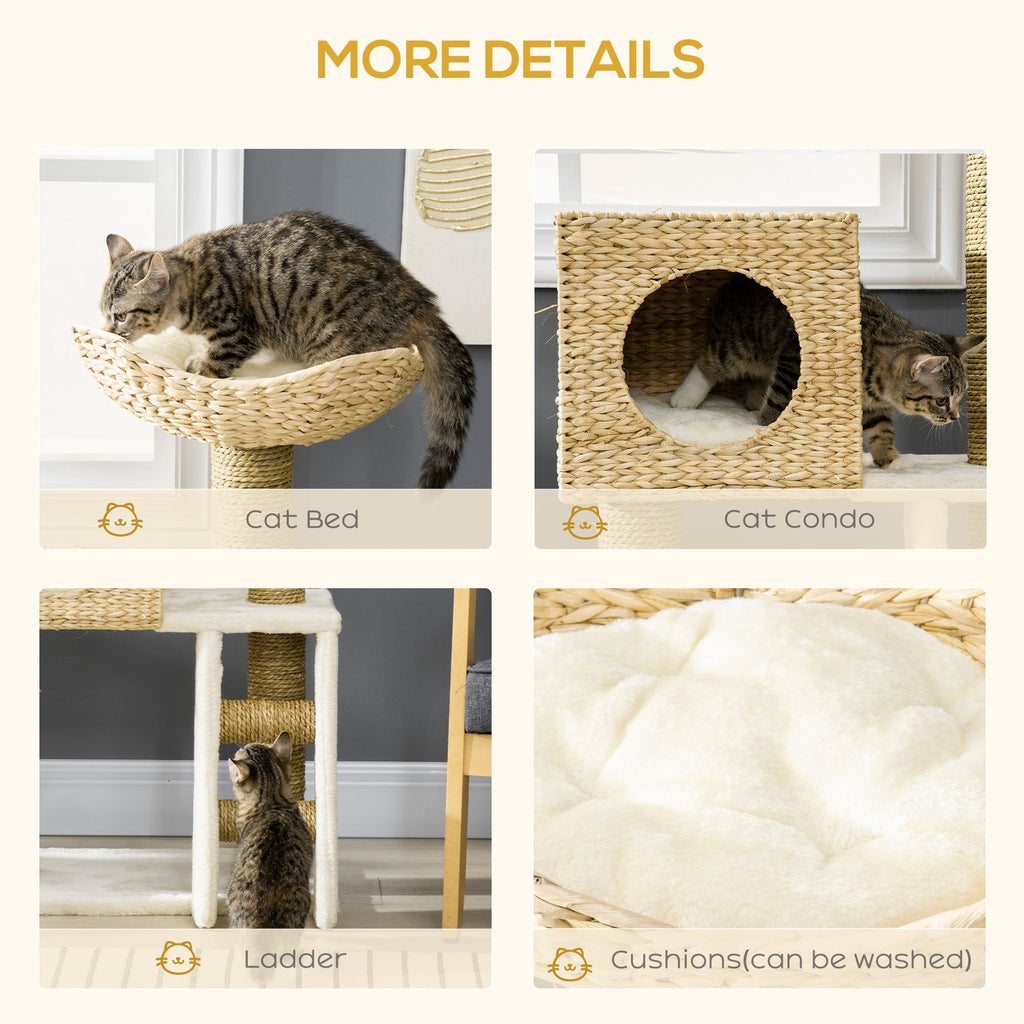 Cattail Weave Cat Tree for Indoor Cats Kitty Tower with Rattan Cat Condo, Wicker Bed, Ladder, Washable Cushions, 22.5" x 14.5" x 39.5", Natural