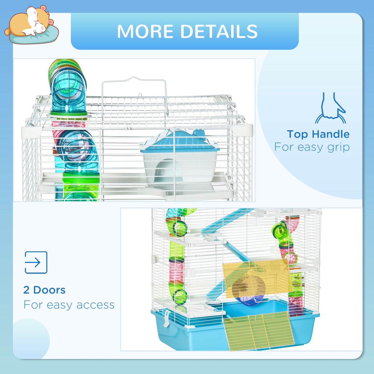 Extra Large 23" Hamster Cage with Tubes and Tunnels, Portable Carry Handles, Rat House and Habitats Big 5-Tier Design, Mouse Cage Includes Exercise Wheel, Water Bottle, Food Dish, Light Blue