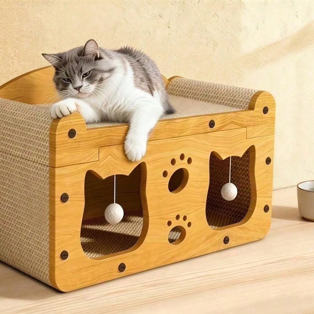 Multi-Style Double-Layer Cat Scratcher House, 2-Tier Large Cat Villa Bed With Corrugated Cardboard, Interactive Hanging Balls & Ergonomic Neck Support, Furniture-Saving Hideaway Cave For Indoor Cats