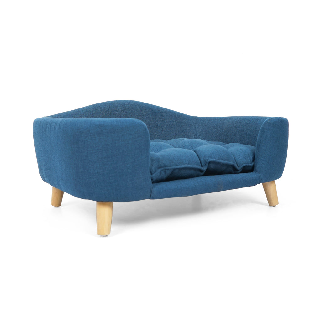 Elevated Dog Bed Frame for Small Dog, Fabric Pet Couch Bed with Rubber Wood Legs and Supportive Foam, Navy Blue, Easy Assembly