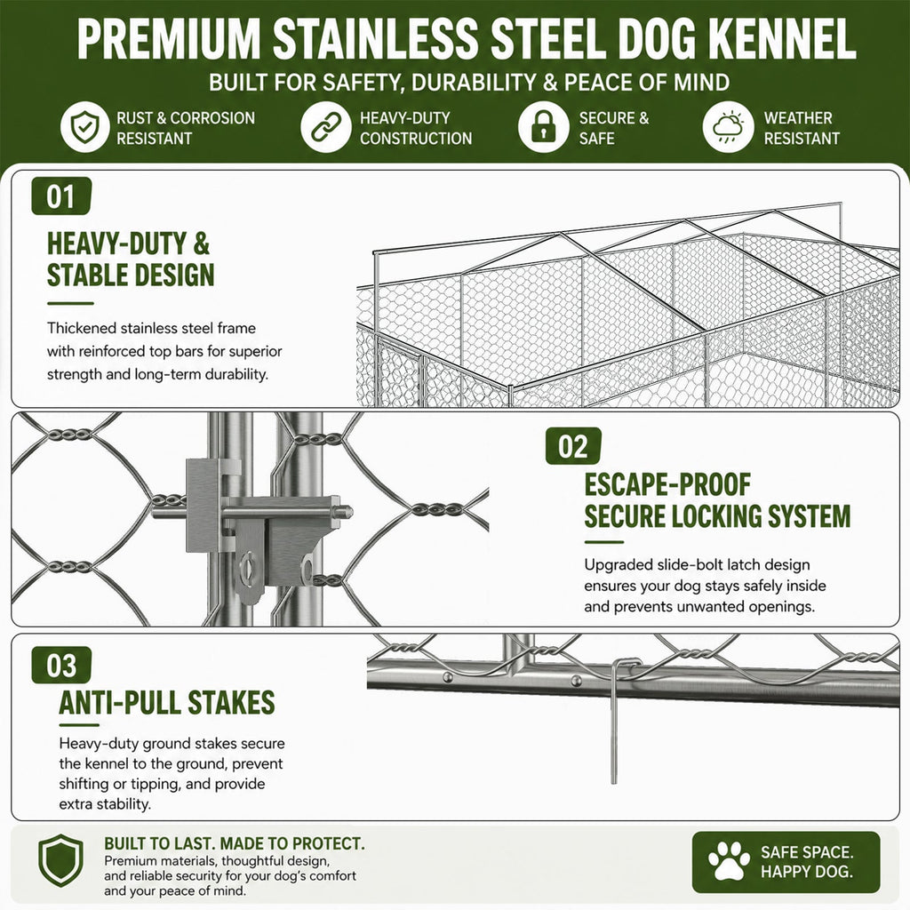 10x20 FT Large Outdoor Dog Kennel with Canopy, Heavy Duty Galvanized Steel Frame, Waterproof Cover, All-Weather Protection, Escape-Proof Lockable Pet Playpen for Large Dogs, Multiple Animals.