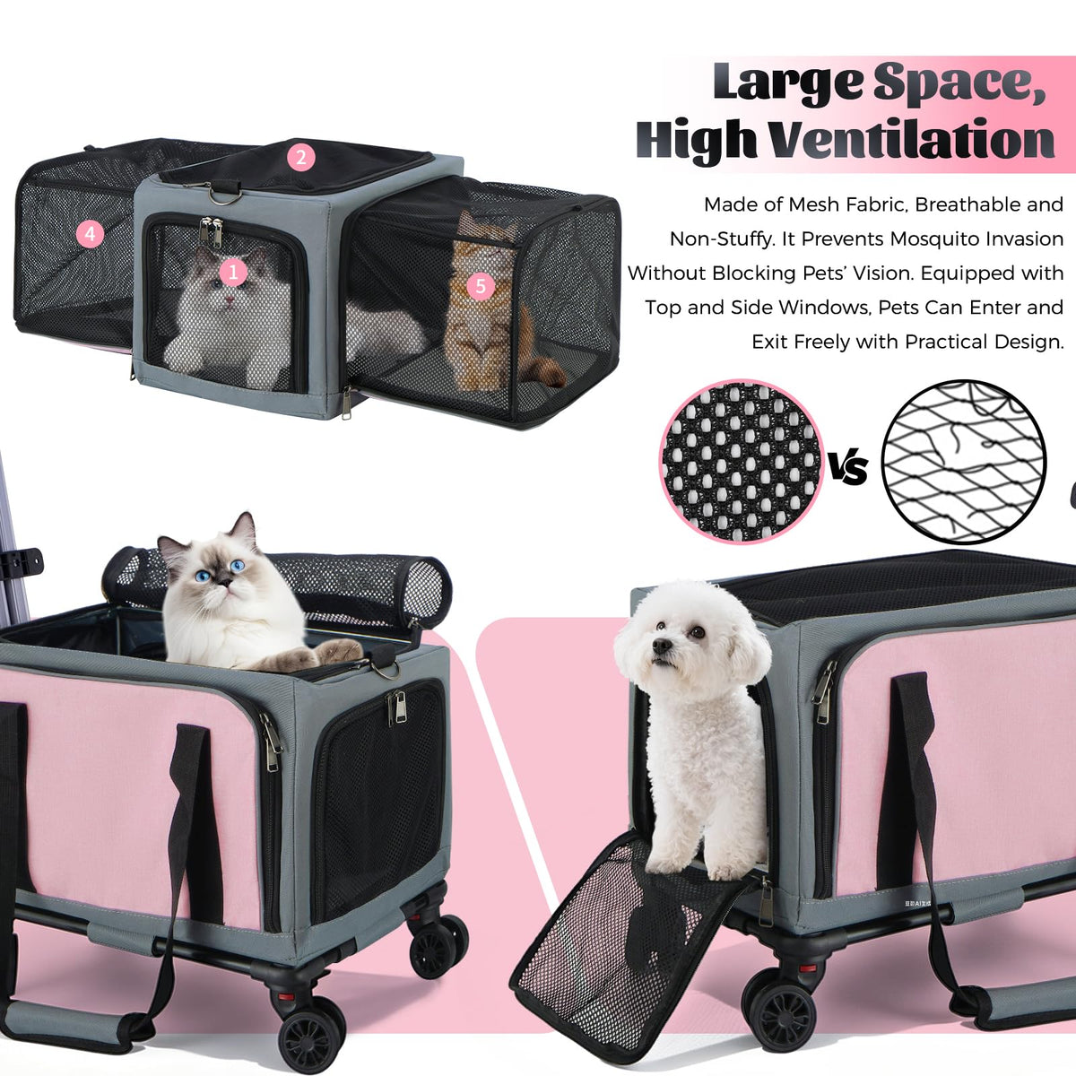 3-Sided Expandable Rolling Pet Carrier With Wheels, Small Cat Dog Travel Carrier, Foldable Portable Bag Grey  For Travel Camping Vet Outdoor Indoor Use