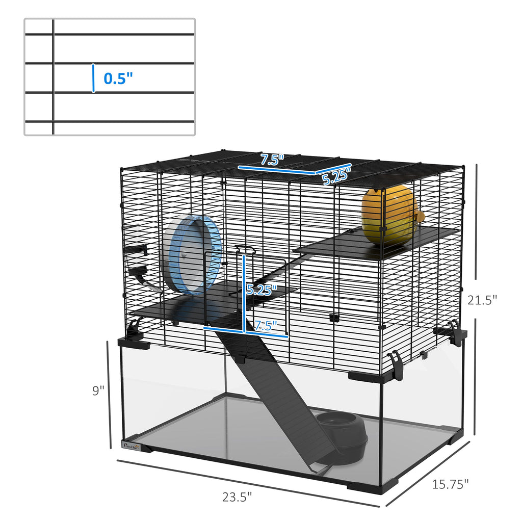 23.5" Hamster Cage, Gerbil Cage with Glass Basin for Small Hamsters, Black