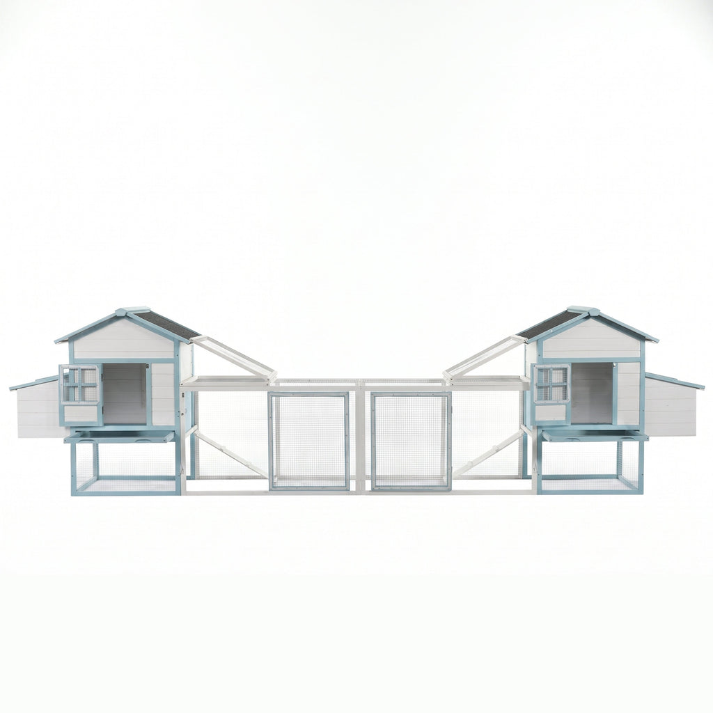 Large Wooden Chicken Coop with Double Nesting Boxes, Outdoor Walk-In Chicken Run with Waterproof Asphalt Roof, Fir Wood Poultry Cage with Pull-Out Dropping Trays, Blue & White Backyard Hen House