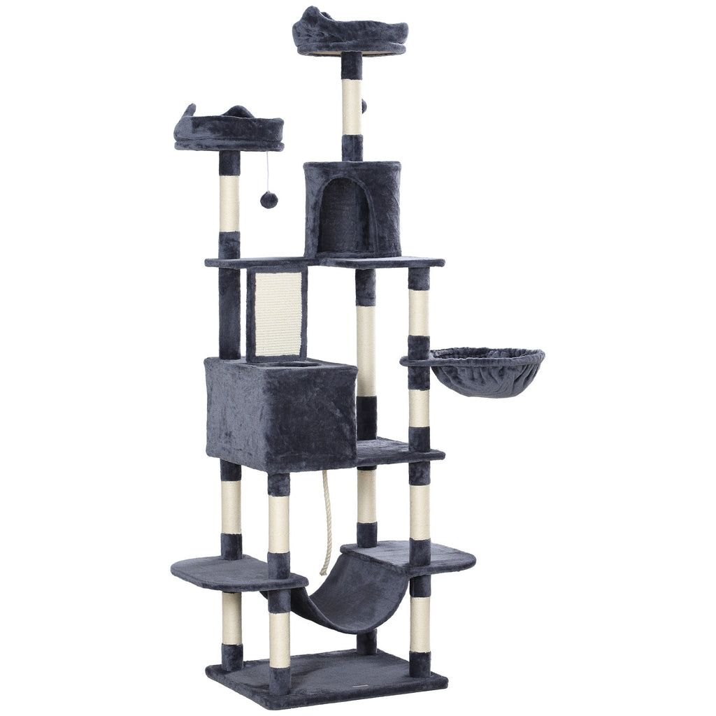 81" Cat Tree w/ Cat Scratching Posts, Scratching Board, Condos, Beds, Hammocks, Toy Balls, Rope Cat Toy, Gray
