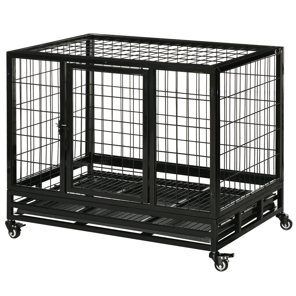 36" Heavy Duty Dog Crate with Removable Tray, Lockable Wheels and Double Door, for Medium and Large Dogs, Black