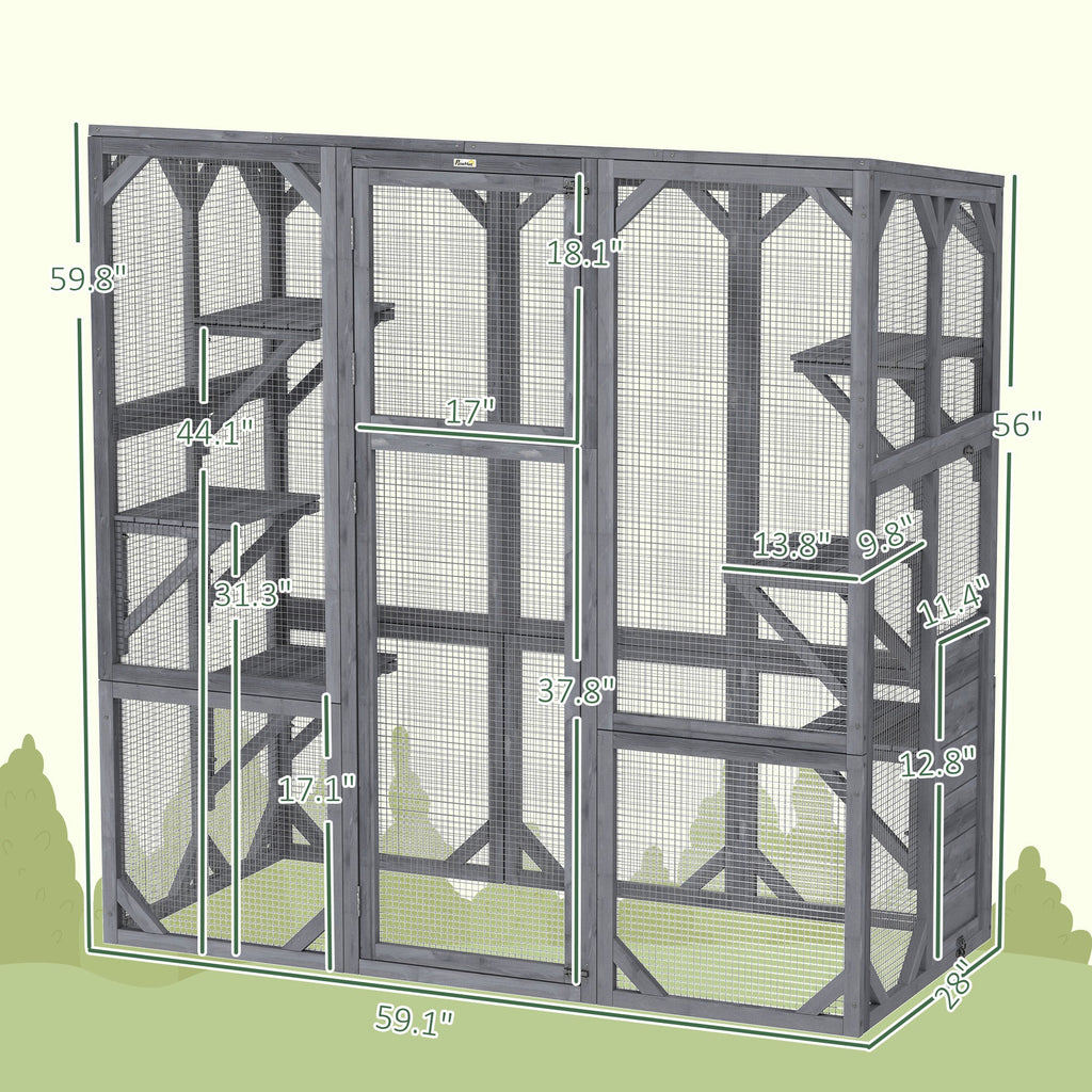 Large Wooden Catio Outdoor With 6 Jumping Platforms, Weatherproof Roof, For 1-3 Cats, 59 X 28 X 60, Gray