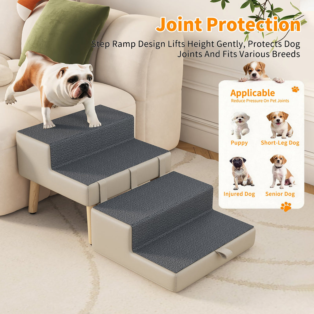 4-Step Ottoman Dog Stairs, 2-in-1 Foldable Pet Ramp for Bed,  Dog Ramp for Small Puppy and Cats, Sturdy Wood Frame Support with Non-slip walking surface, Holds Up To 220lbs ( Light Grey Color )