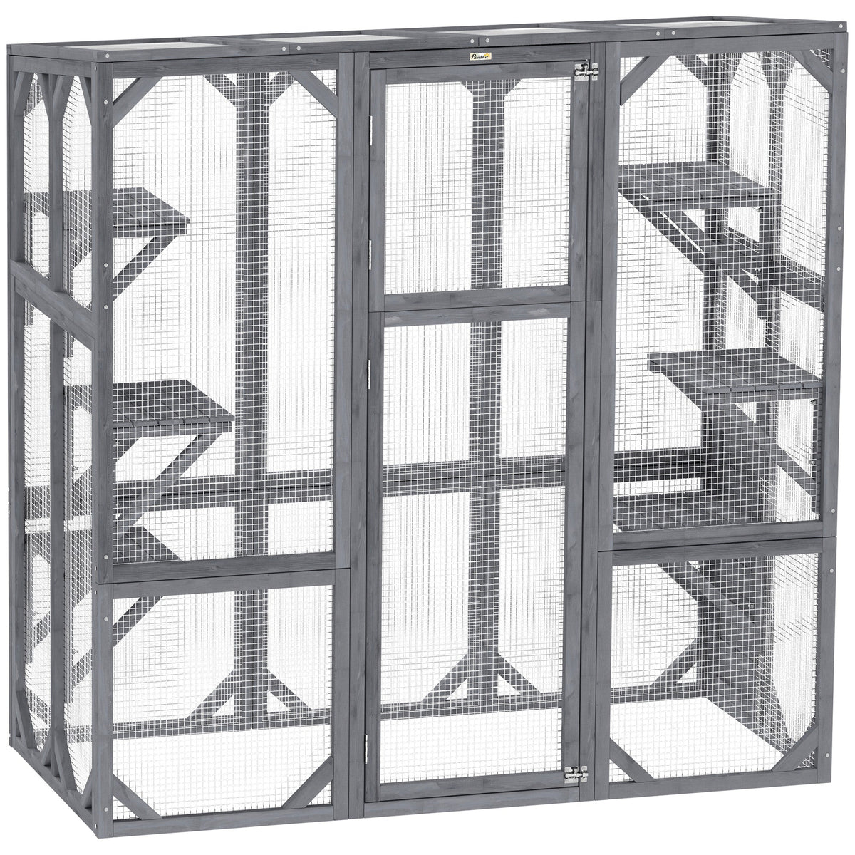 Large Wooden Catio Outdoor With 6 Jumping Platforms, Weatherproof Roof, For 1-3 Cats, 59 X 28 X 60, Gray